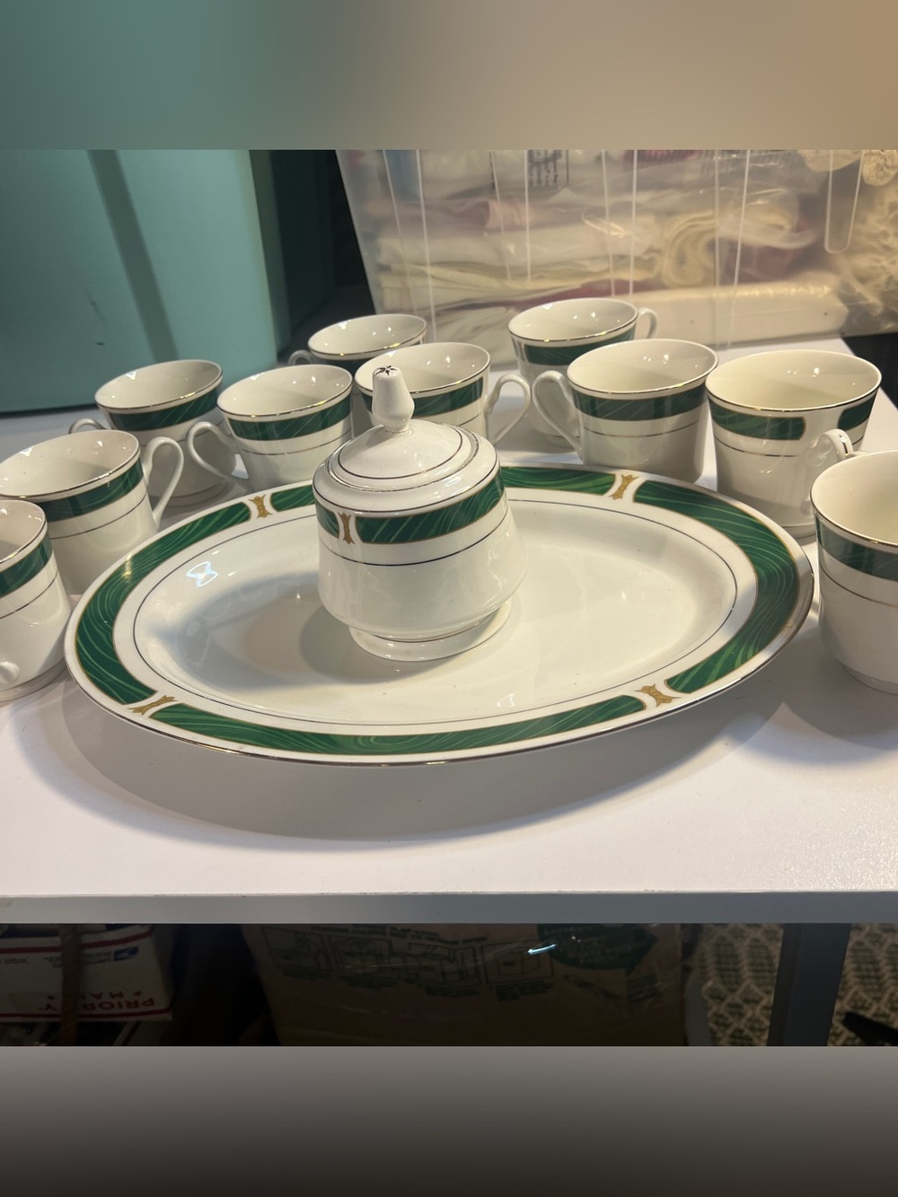 Majesty Fine China 10 Cups, Sugar Bowl & Serving Tray Green W Gold Etching Trim